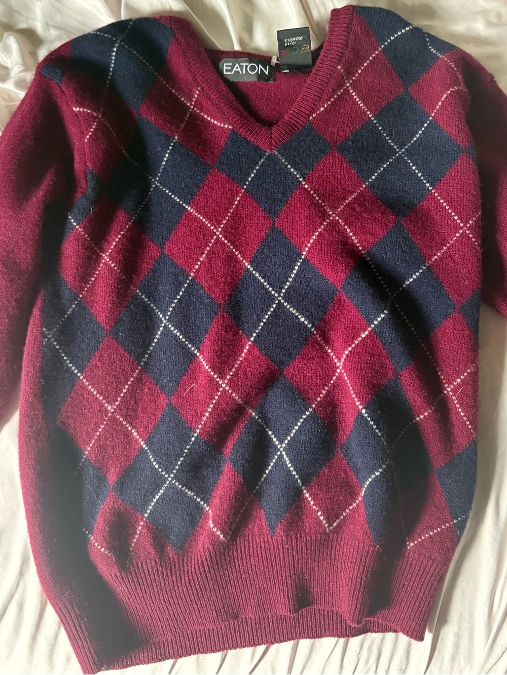 EATON Burgundy and Navy Argyle V-Neck Sweater